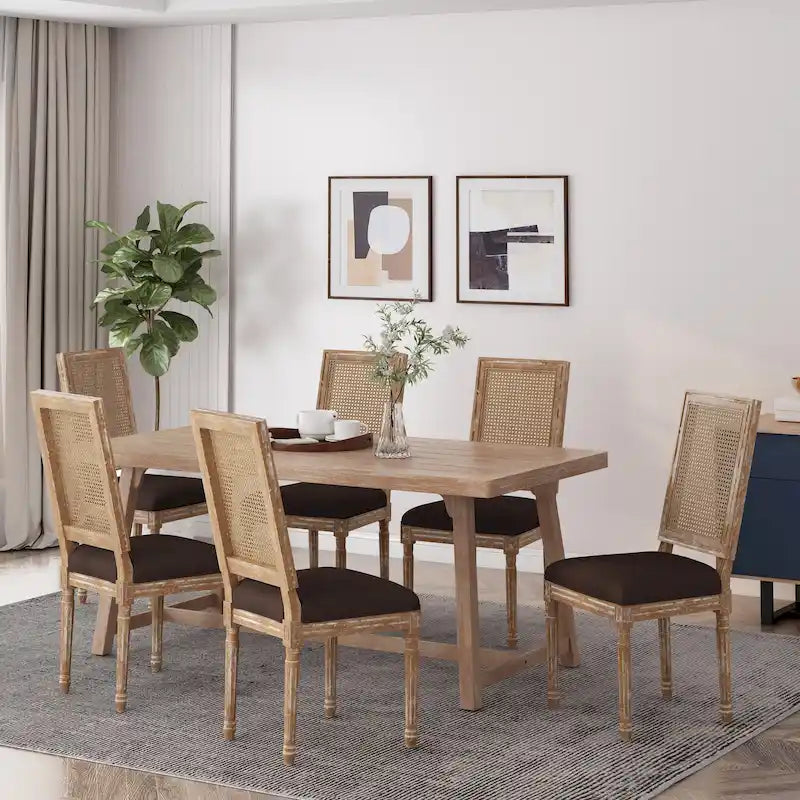 French country style wooden dining chairs with woven rattan seats and cushions (set of 6)