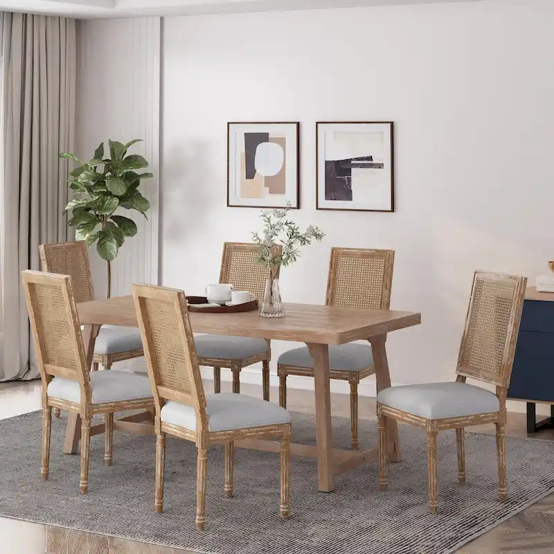 French country style wooden dining chairs with woven rattan seats and cushions (set of 6)