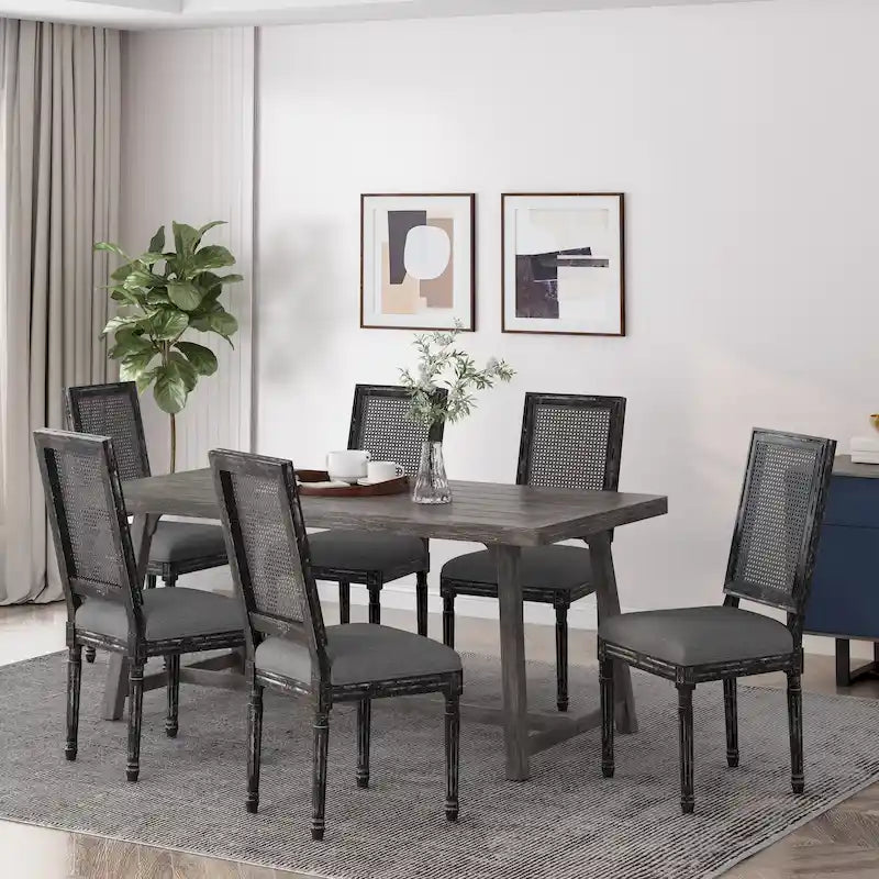 French country style wooden dining chairs with woven rattan seats and cushions (set of 6)