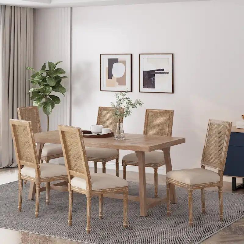 French country style wooden dining chairs with woven rattan seats and cushions (set of 6)