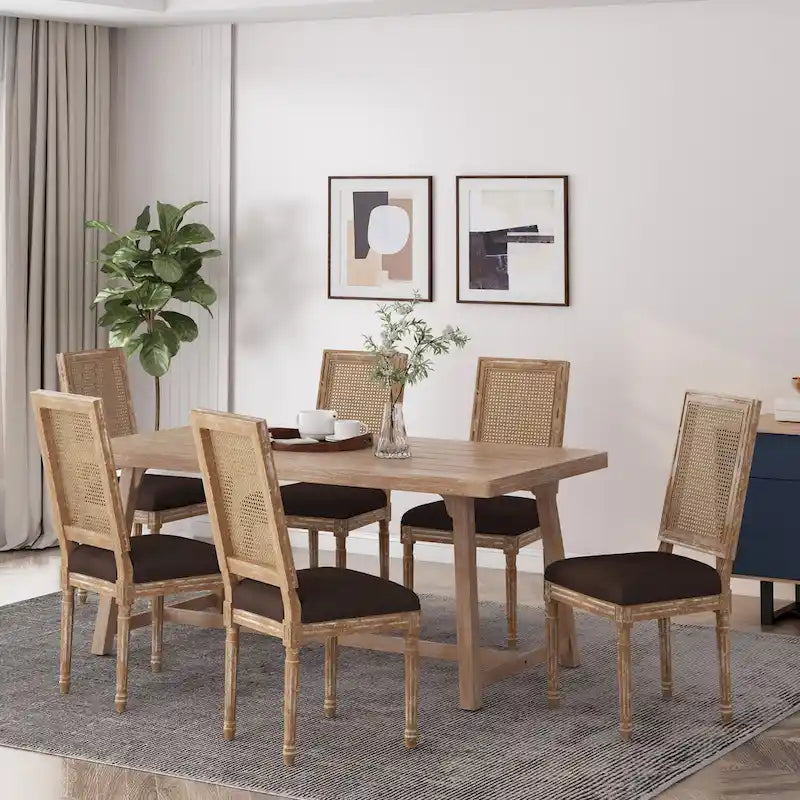 French country style wooden dining chairs with woven rattan seats and cushions (set of 6)