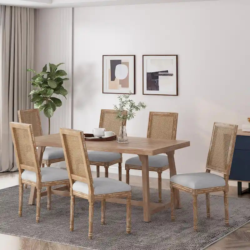 French country style wooden dining chairs with woven rattan seats and cushions (set of 6)