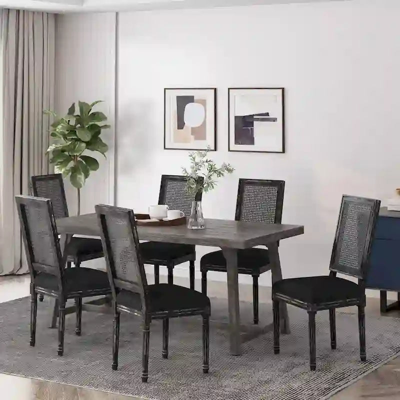 French country style wooden dining chairs with woven rattan seats and cushions (set of 6)