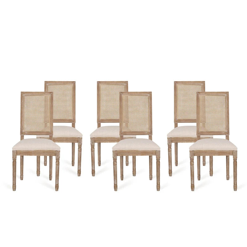 French country style wooden dining chairs with woven rattan seats and cushions (set of 6)