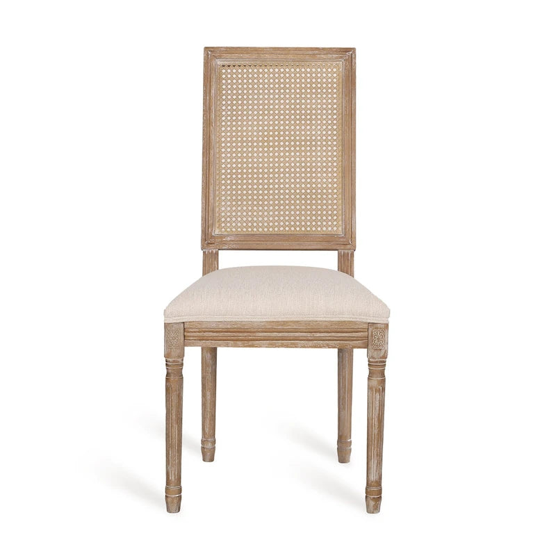 French country style wooden dining chairs with woven rattan seats and cushions (set of 6)