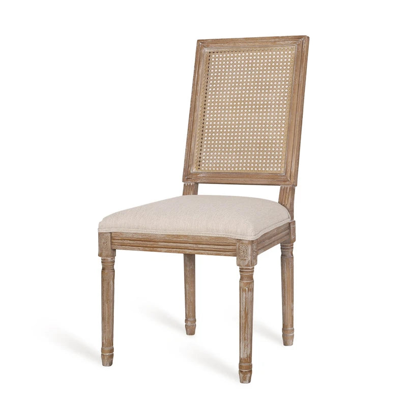 French country style wooden dining chairs with woven rattan seats and cushions (set of 6)