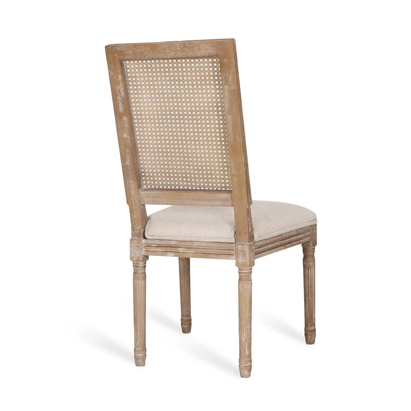 French country style wooden dining chairs with woven rattan seats and cushions (set of 6)