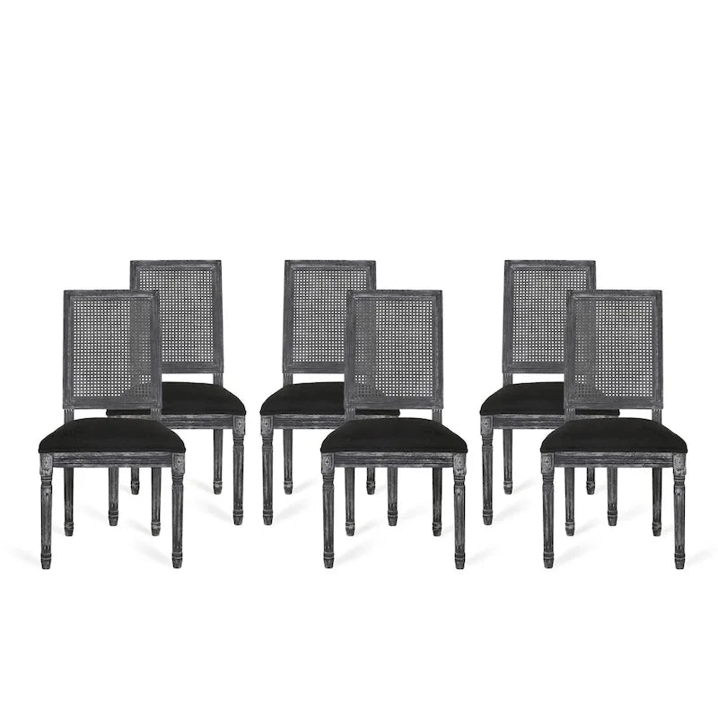 French country style wooden dining chairs with woven rattan seats and cushions (set of 6)