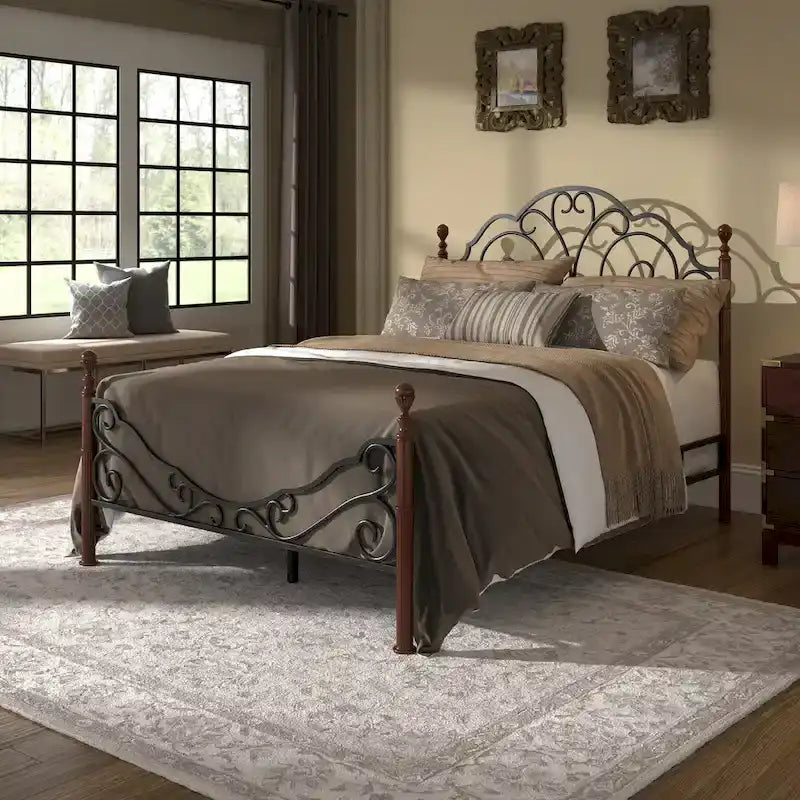 Wrought Iron Bed Frame with Arched Headboard & Footboard, Distressed Cherry Bronze Finish, Farmhouse & Vintage Style, King/Queen/Full/Twin Available