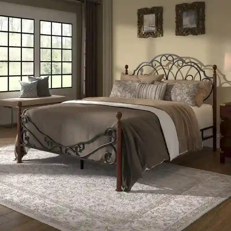 Wrought Iron Bed Frame with Arched Headboard & Footboard, Distressed Cherry Bronze Finish, Farmhouse & Vintage Style, King/Queen/Full/Twin Available