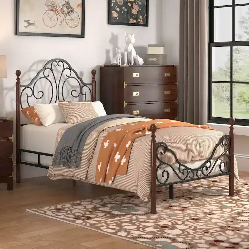 Wrought Iron Bed Frame with Arched Headboard & Footboard, Distressed Cherry Bronze Finish, Farmhouse & Vintage Style, King/Queen/Full/Twin Available