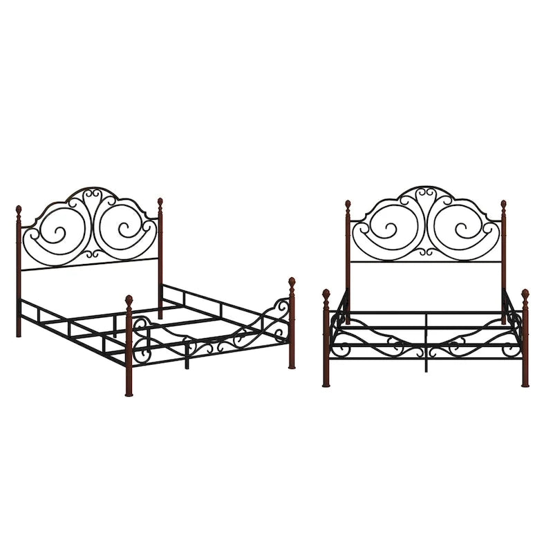 Wrought Iron Bed Frame with Arched Headboard & Footboard, Distressed Cherry Bronze Finish, Farmhouse & Vintage Style, King/Queen/Full/Twin Available