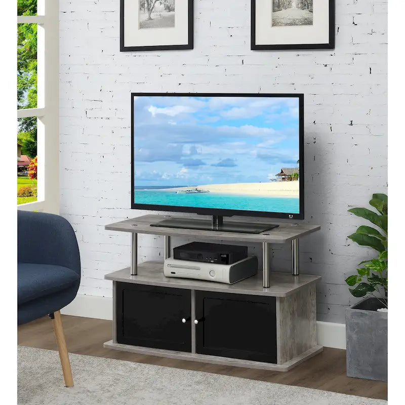 35.5" TV Stand for TVs up to 40", 2 Storage Cabinets & Open Shelves, Modern Design with Steel Legs