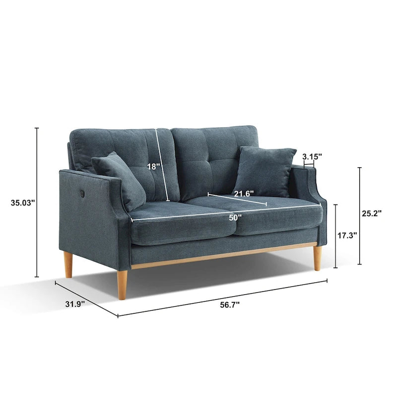 Mid-Century Modern Loveseat Sofa with USB Charging Ports, High-Density Foam & Pine Wood Frame