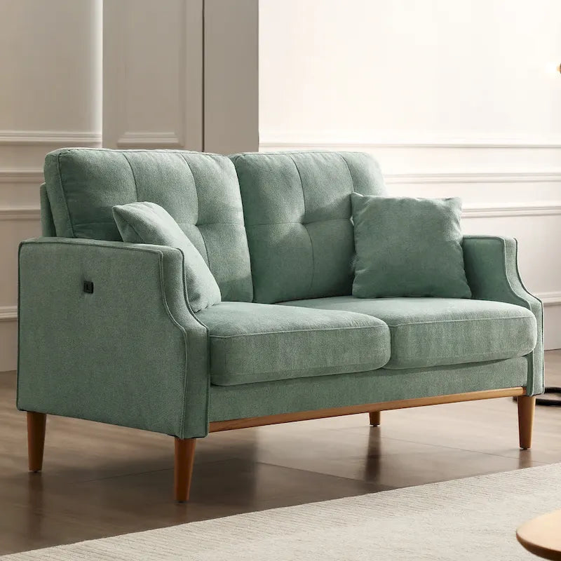 Mid-Century Modern Loveseat Sofa with USB Charging Ports, High-Density Foam & Pine Wood Frame