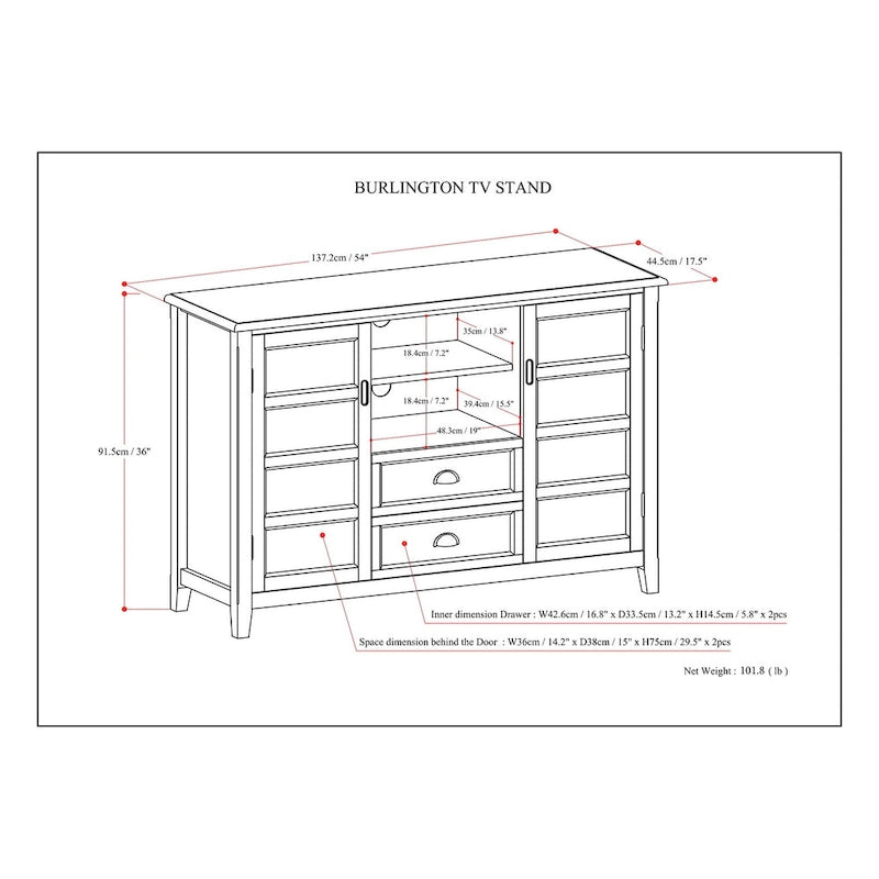 Solid Wood TV Stand for TVs up to 60", 54" Wide with Storage Cabinets & Drawers, Medium Saddle Brown Finish