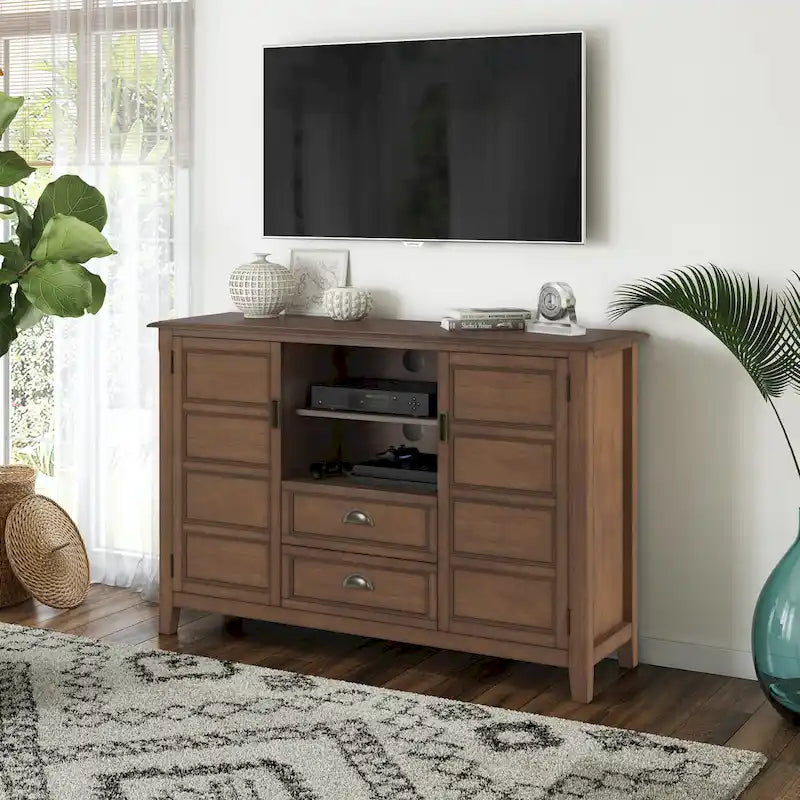Solid Wood TV Stand for TVs up to 60", 54" Wide with Storage Cabinets & Drawers, Medium Saddle Brown Finish
