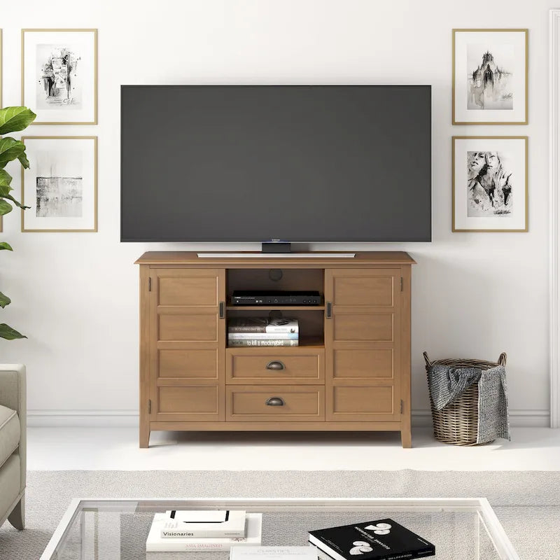 Solid Wood TV Stand for TVs up to 60", 54" Wide with Storage Cabinets & Drawers, Medium Saddle Brown Finish