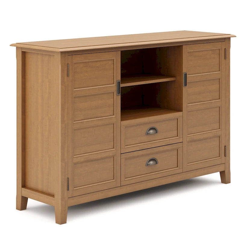 Solid Wood TV Stand for TVs up to 60", 54" Wide with Storage Cabinets & Drawers, Medium Saddle Brown Finish