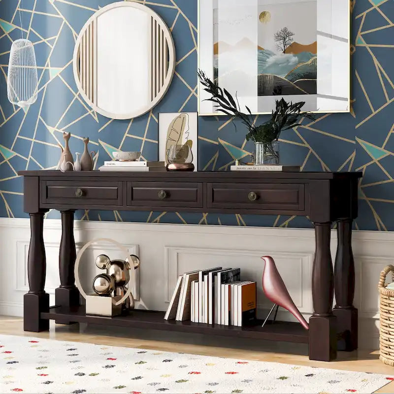 Mera 64-inch thickened long console table with drawers and shelves.