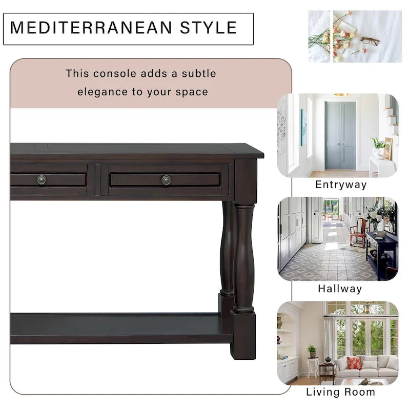 Mera 64-inch thickened long console table with drawers and shelves.