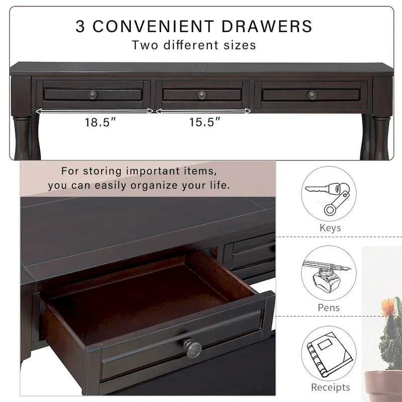 Mera 64-inch thickened long console table with drawers and shelves.