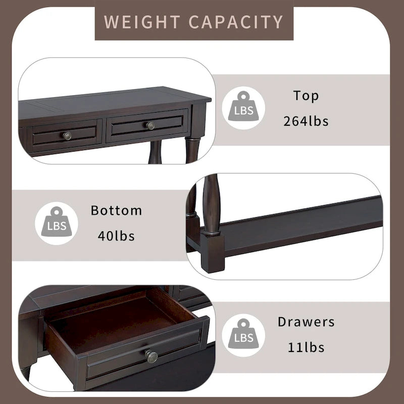 Mera 64-inch thickened long console table with drawers and shelves.