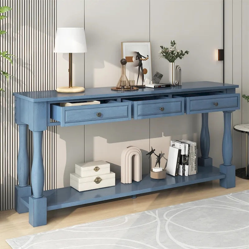 Mera 64-inch thickened long console table with drawers and shelves.