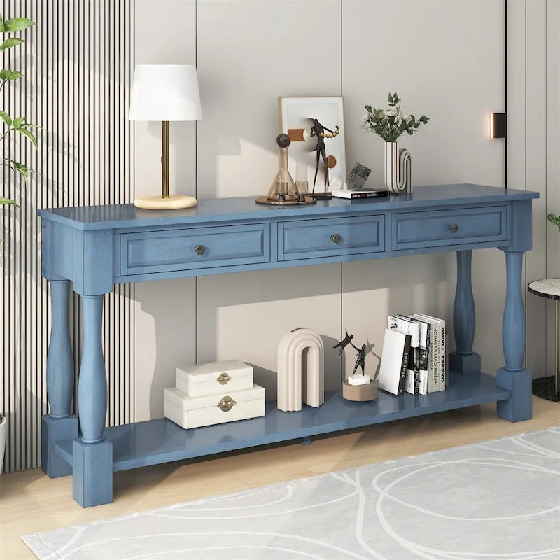 Mera 64-inch thickened long console table with drawers and shelves.