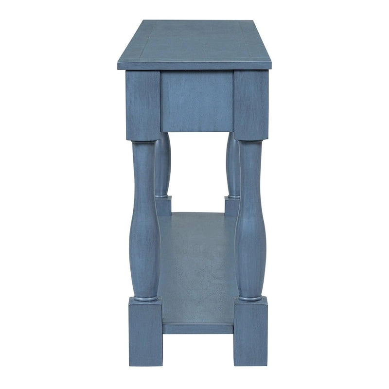 Mera 64-inch thickened long console table with drawers and shelves.