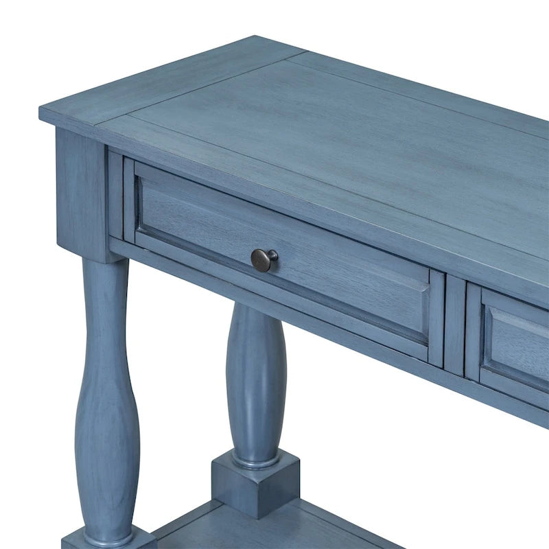 Mera 64-inch thickened long console table with drawers and shelves.