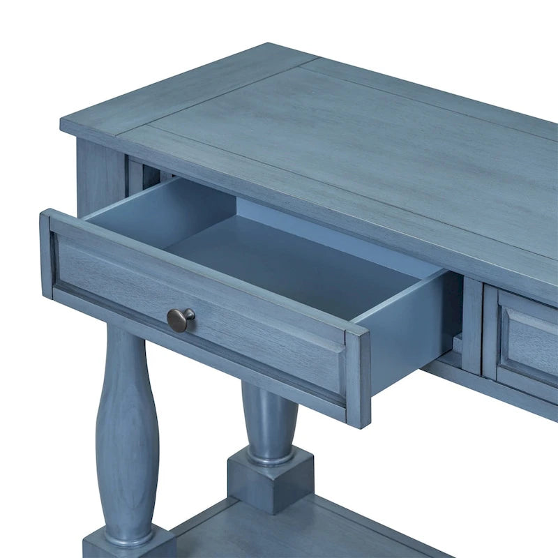 Mera 64-inch thickened long console table with drawers and shelves.