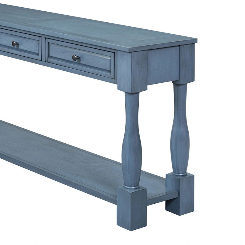 Mera 64-inch thickened long console table with drawers and shelves.