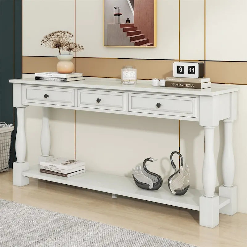 Mera 64-inch thickened long console table with drawers and shelves.