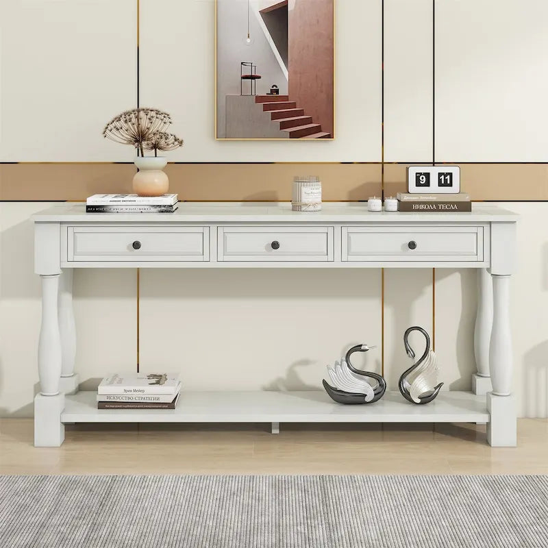 Mera 64-inch thickened long console table with drawers and shelves.