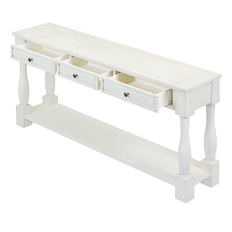 Mera 64-inch thickened long console table with drawers and shelves.