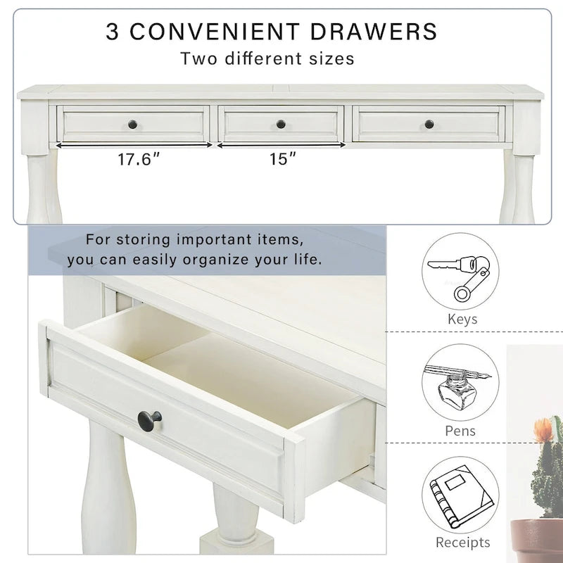 Mera 64-inch thickened long console table with drawers and shelves.