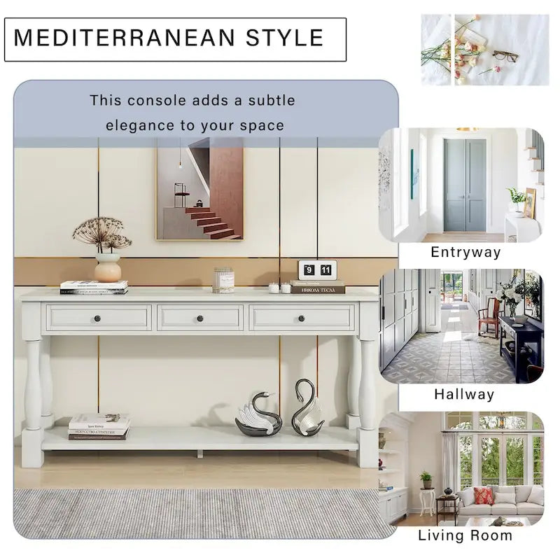 Mera 64-inch thickened long console table with drawers and shelves.