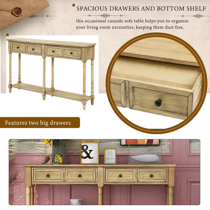 Console Table Sofa Table Easy Assembly with Two Storage Drawers and Bottom Shelf for Living Room, Entryway