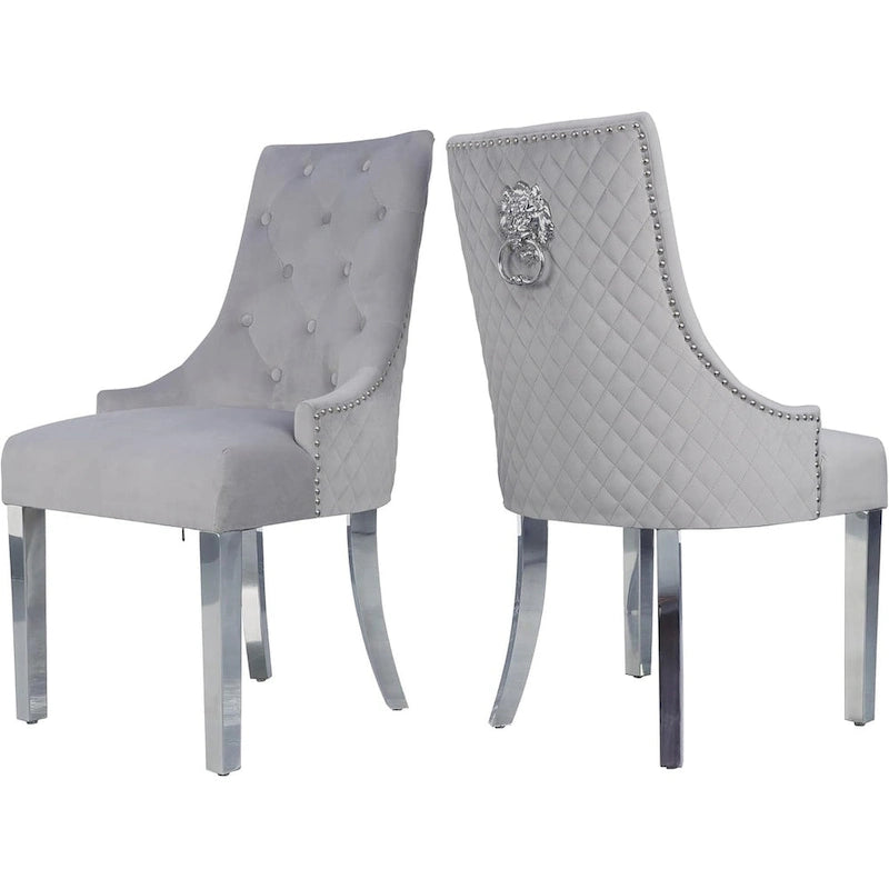 Velvet Dining Chairs Set of 2, Upholstered Tufted Nailhead Dining Room Chairs with Stainless Steel Legs & Lion Head Pull Ring