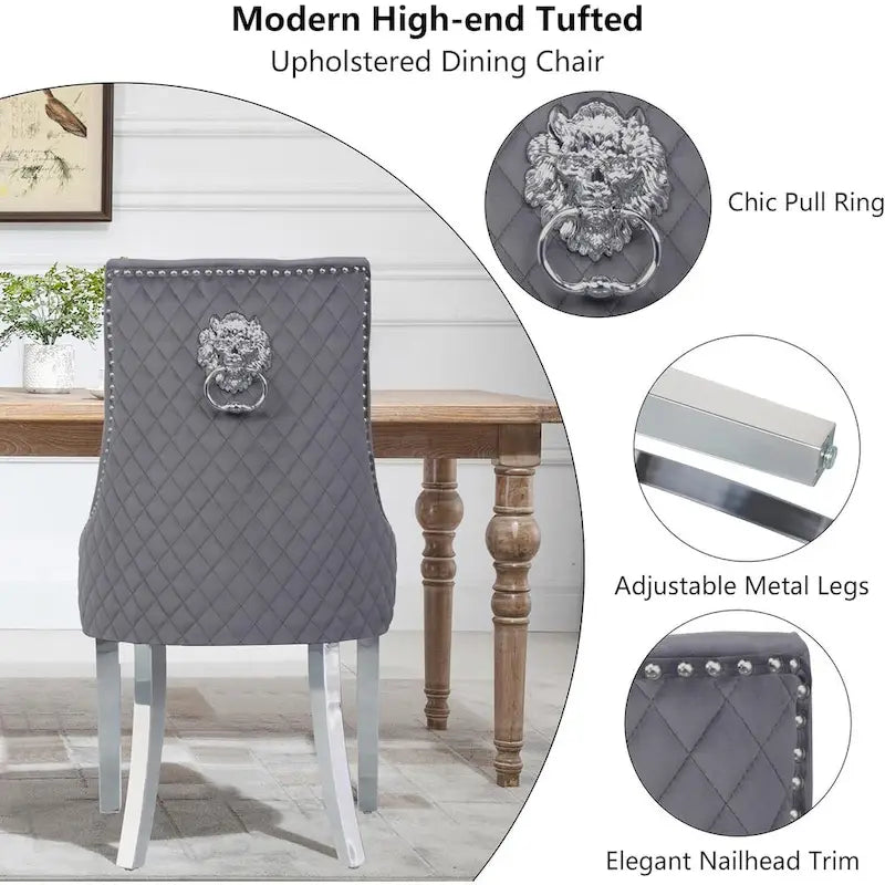 Velvet Dining Chairs Set of 2, Upholstered Tufted Nailhead Dining Room Chairs with Stainless Steel Legs & Lion Head Pull Ring