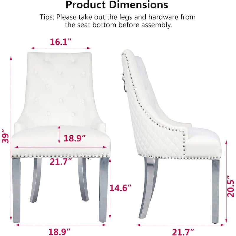 Velvet Dining Chairs Set of 2, Upholstered Tufted Nailhead Dining Room Chairs with Stainless Steel Legs & Lion Head Pull Ring