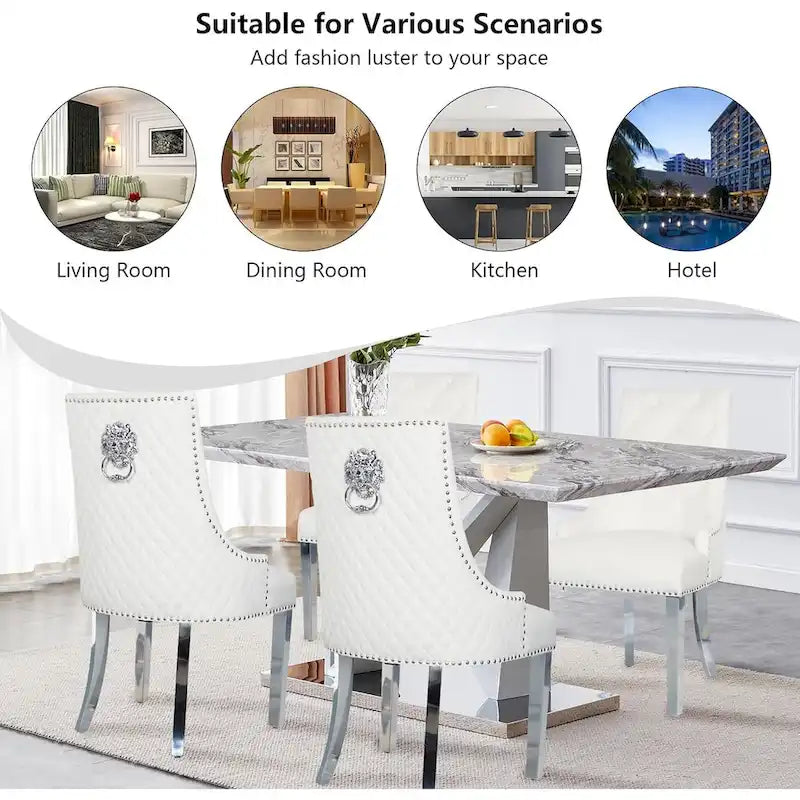 Velvet Dining Chairs Set of 2, Upholstered Tufted Nailhead Dining Room Chairs with Stainless Steel Legs & Lion Head Pull Ring