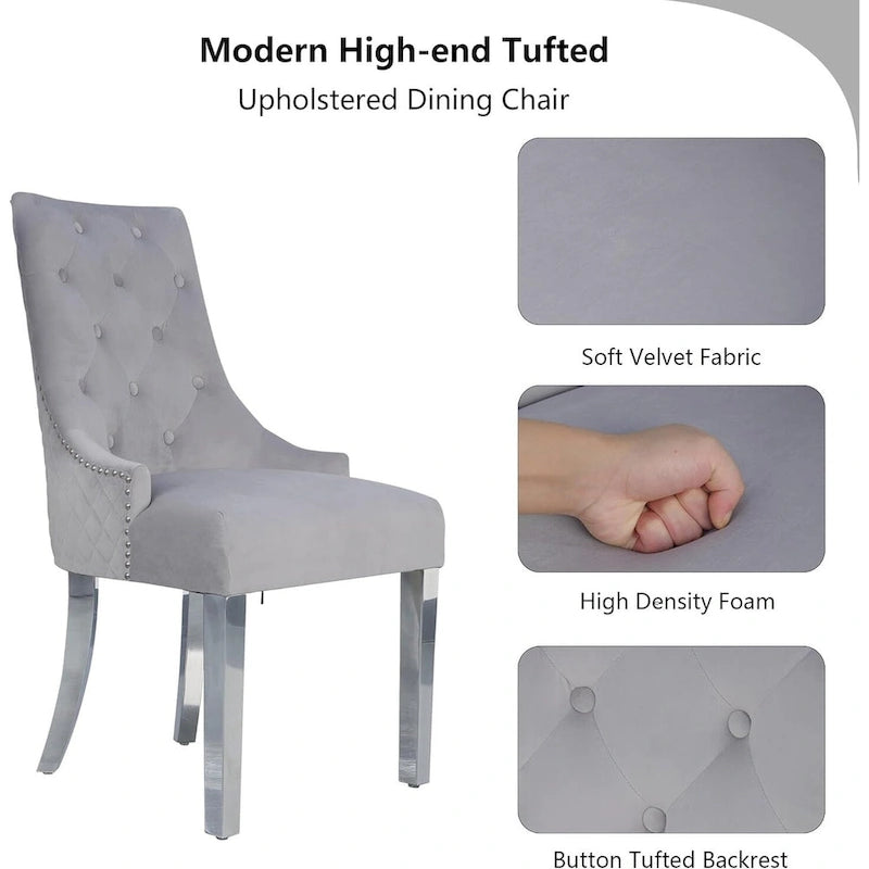 Velvet Dining Chairs Set of 2, Upholstered Tufted Nailhead Dining Room Chairs with Stainless Steel Legs & Lion Head Pull Ring