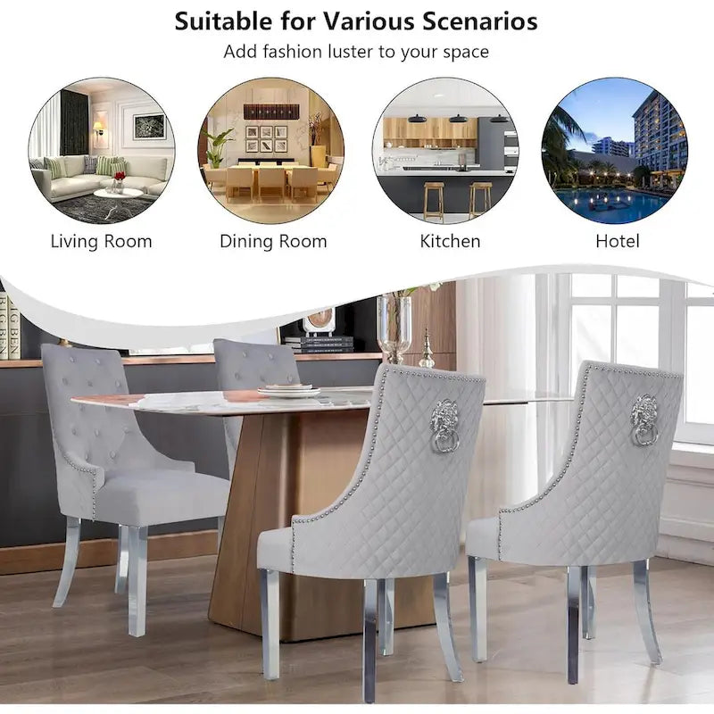 Velvet Dining Chairs Set of 2, Upholstered Tufted Nailhead Dining Room Chairs with Stainless Steel Legs & Lion Head Pull Ring