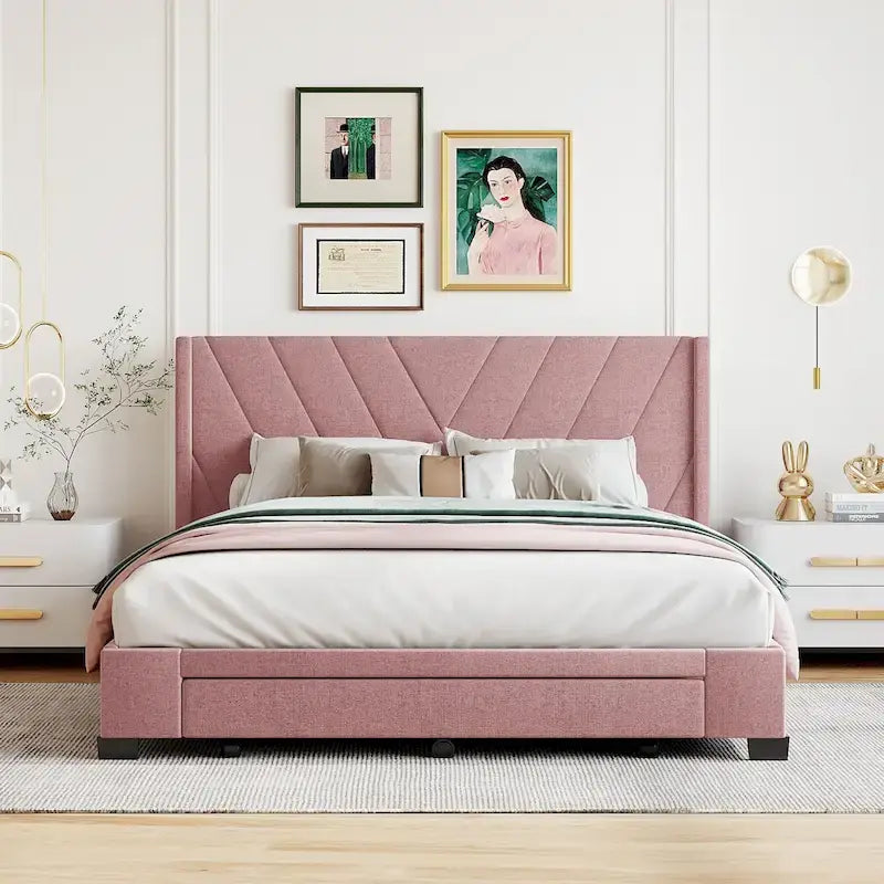 Queen Size Upholstered Platform Bed with Linen Headboard, Supports 500 lbs, No Box Spring Needed