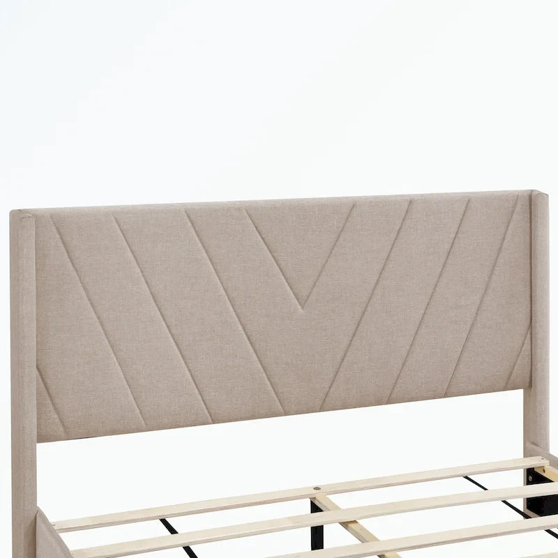 Queen Size Upholstered Platform Bed with Linen Headboard, Supports 500 lbs, No Box Spring Needed