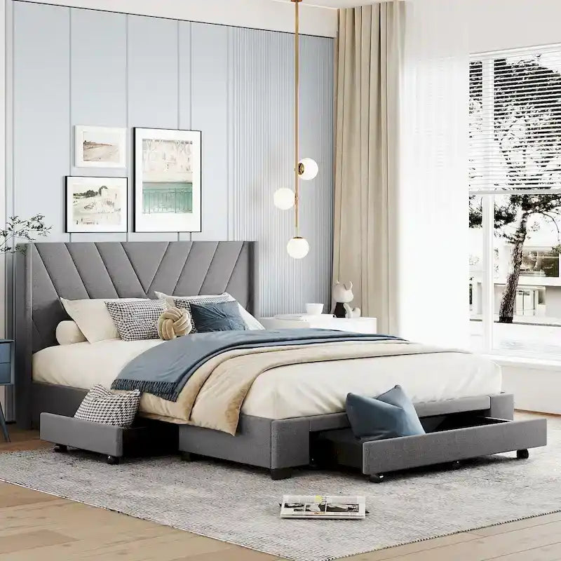 Queen Size Upholstered Platform Bed with Linen Headboard, Supports 500 lbs, No Box Spring Needed