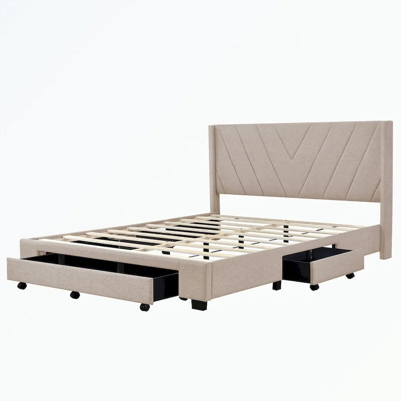 Queen Size Upholstered Platform Bed with Linen Headboard, Supports 500 lbs, No Box Spring Needed