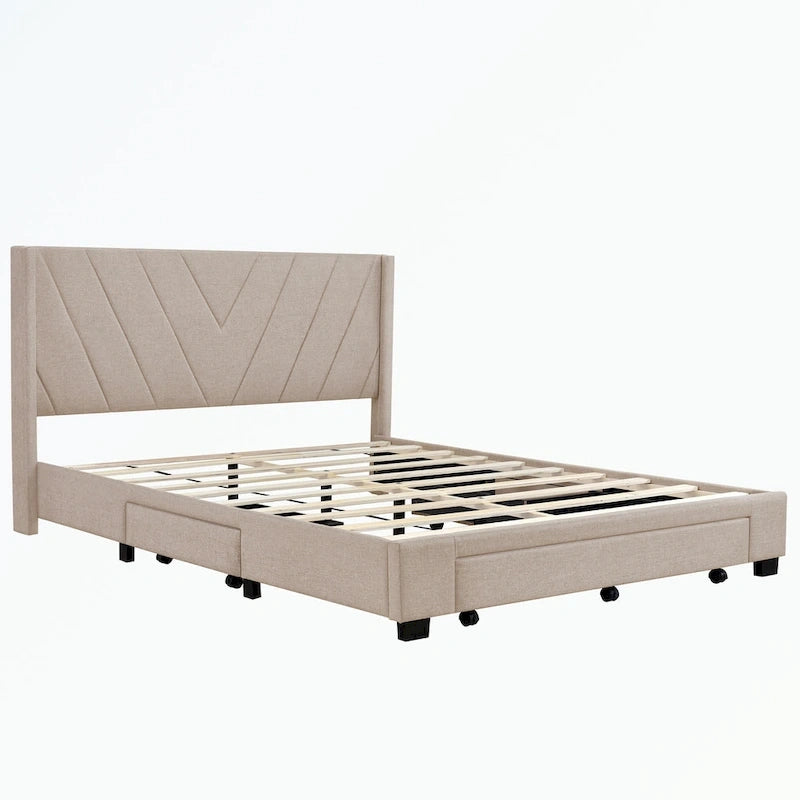Queen Size Upholstered Platform Bed with Linen Headboard, Supports 500 lbs, No Box Spring Needed